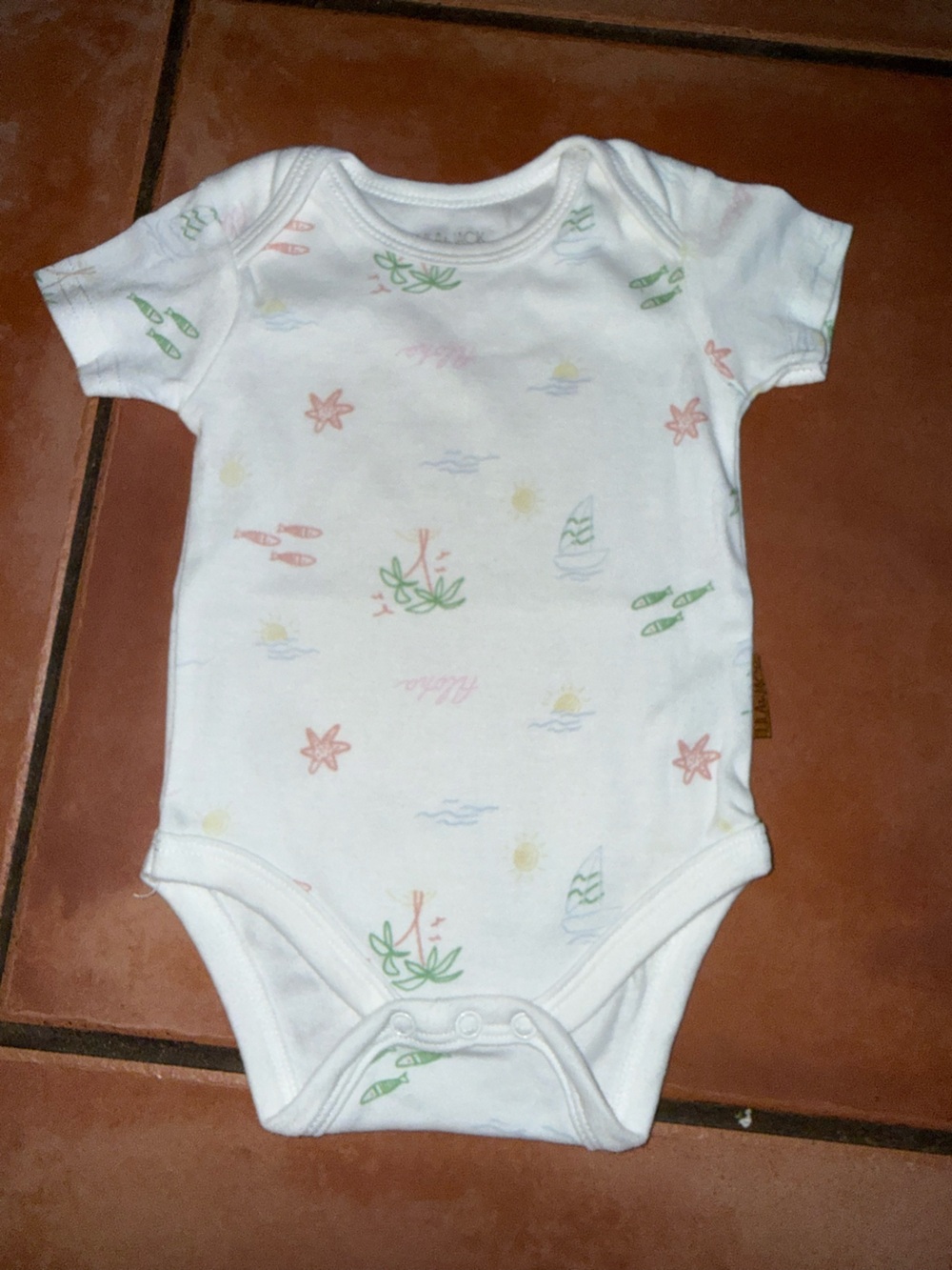 White Infant One-Piece Bodysuit with Pastel‎ Beach Motif